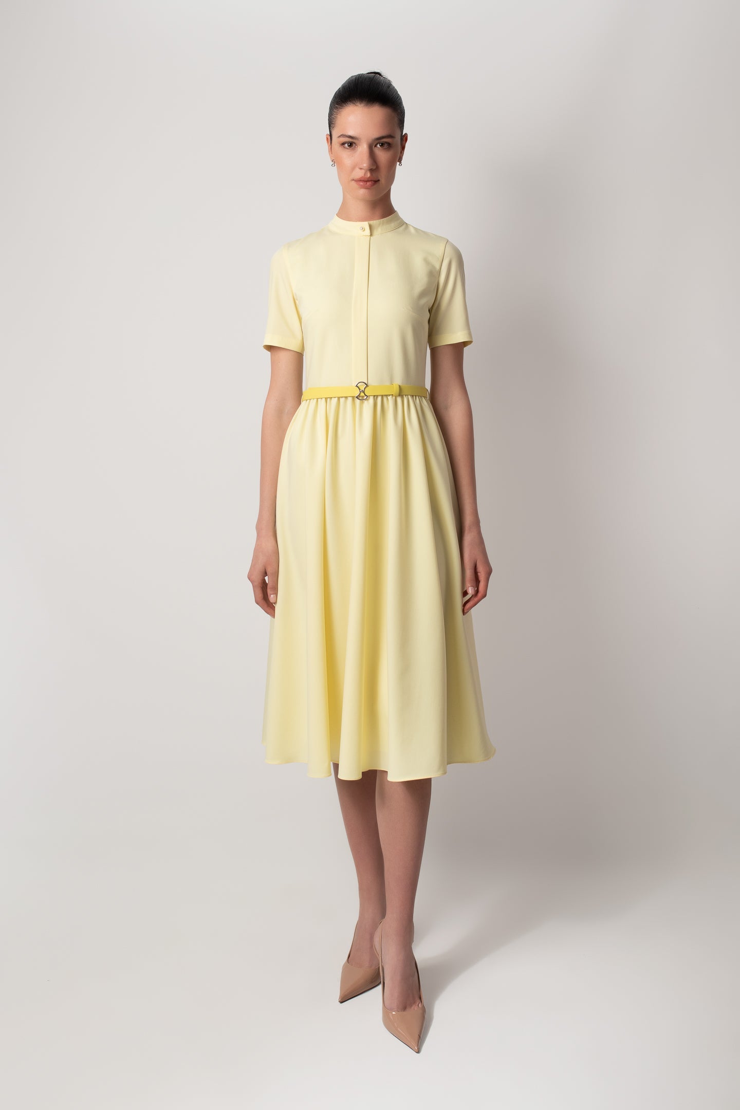 BELİ BÜZGÜLÜ MİDİ YELLOW BUTTER  ELBİSE