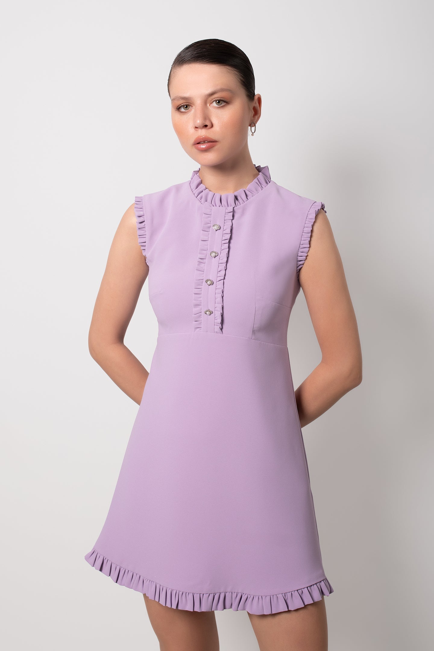 HAKİM YAKA FIRFIRLI LİLA ELBİSE