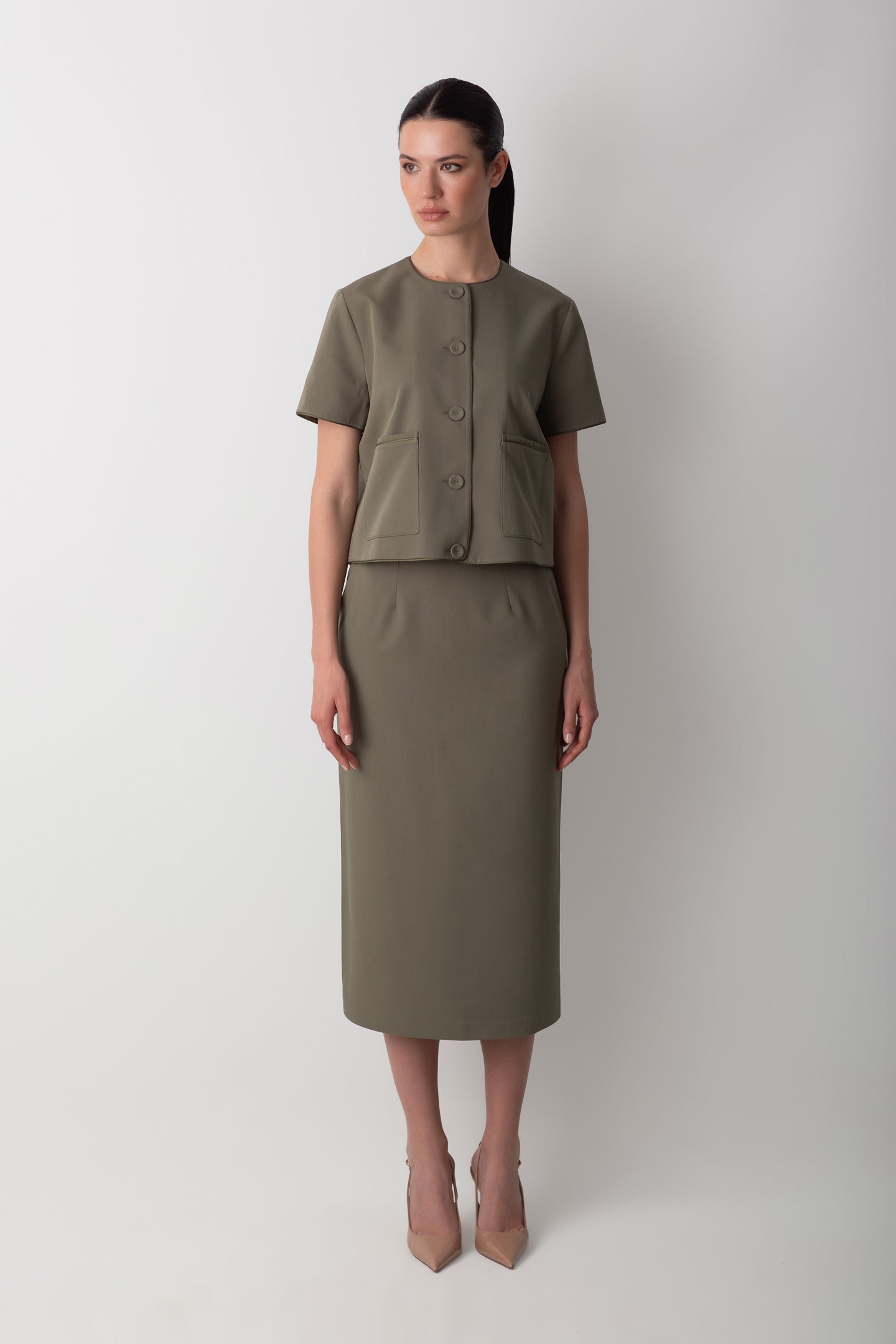 MİDİ KALEM YIRTMAÇ DETAYLI YAĞ YEŞİLİ ETEK