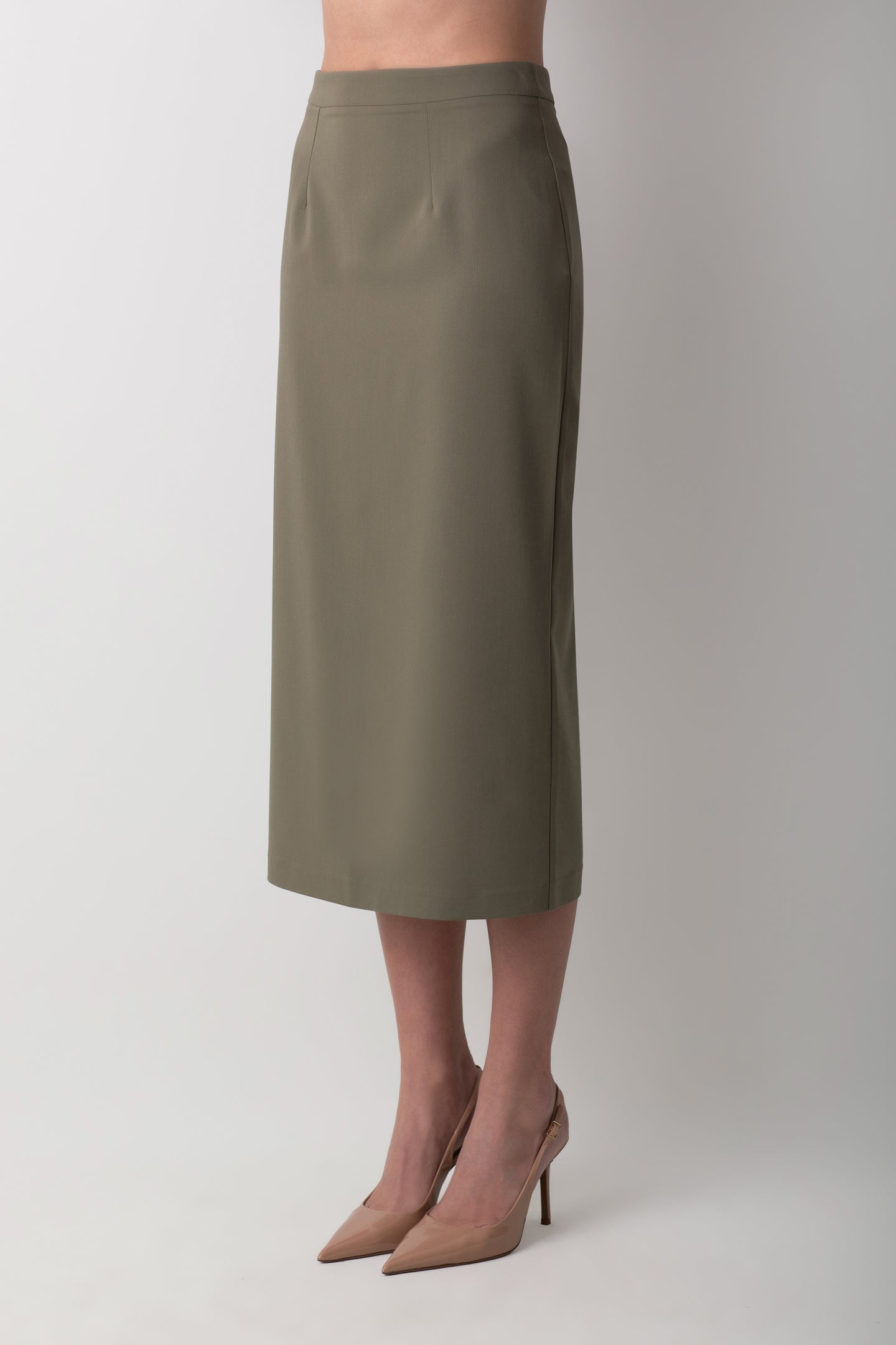 MİDİ KALEM YIRTMAÇ DETAYLI YAĞ YEŞİLİ ETEK