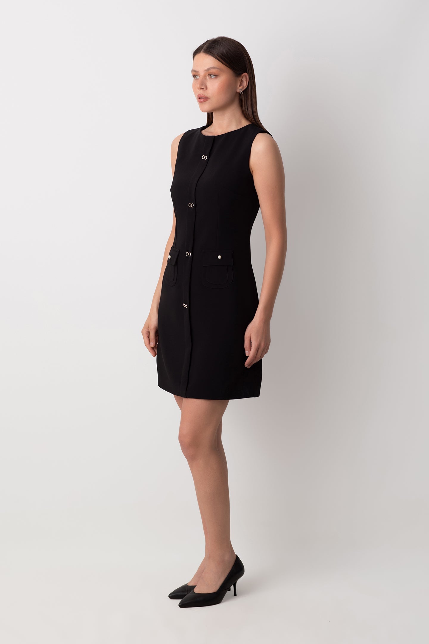 VENUS DÜĞMELİ İNCİ CEP DETAYLI KISA SİYAH ELBİSE