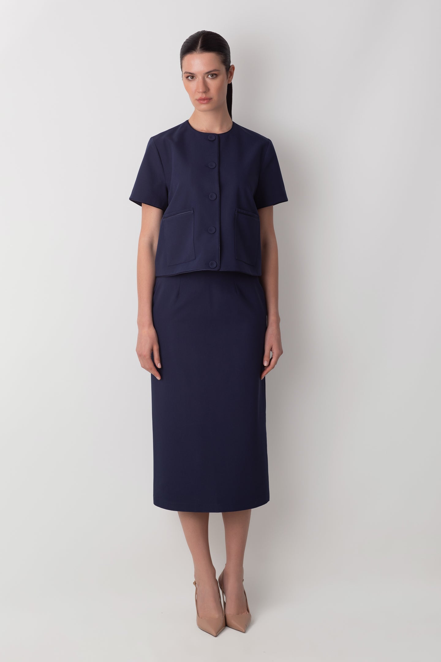 MİDİ KALEM YIRTMAÇ DETAYLI LACİVERT ETEK