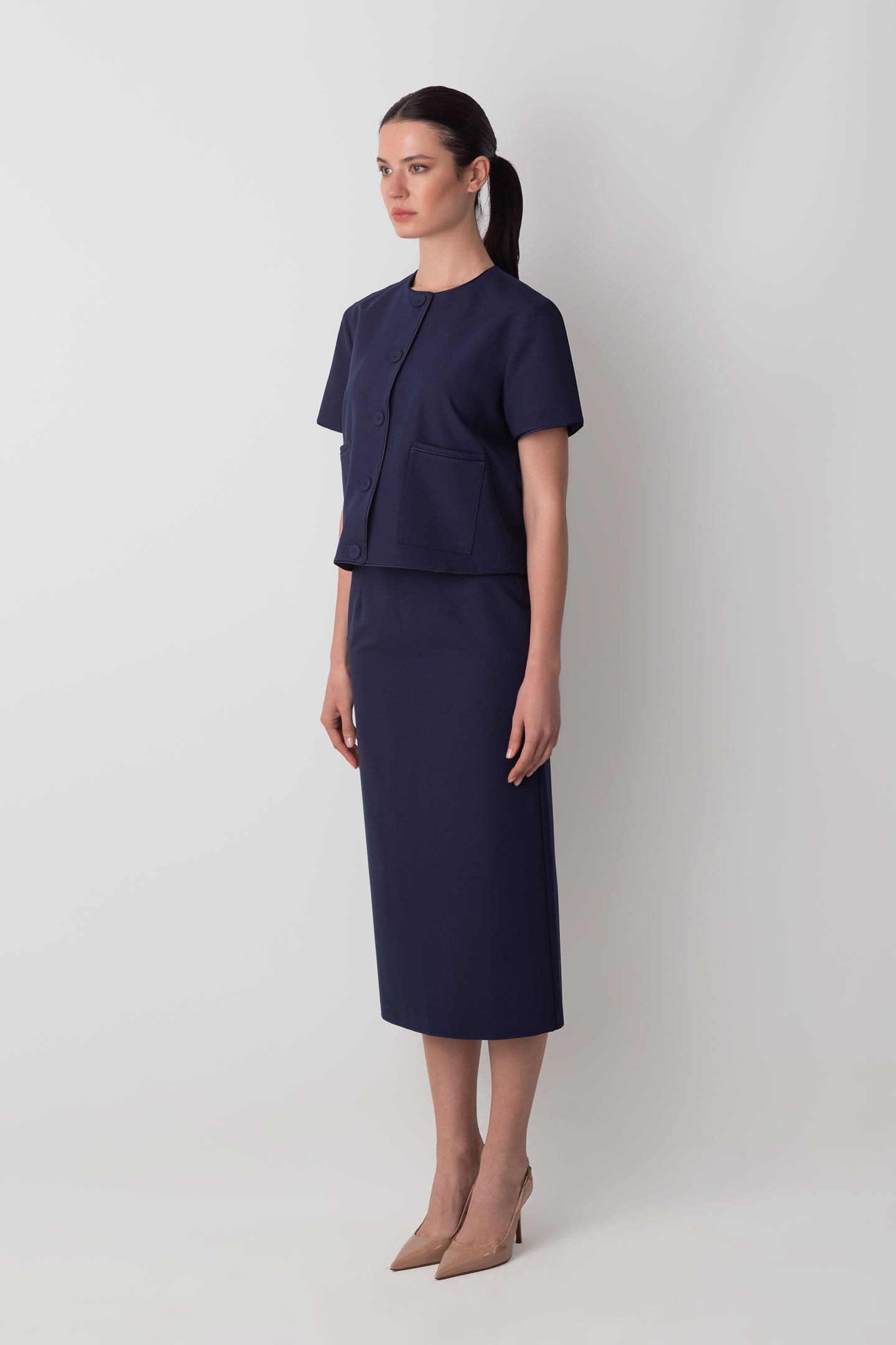 MİDİ KALEM YIRTMAÇ DETAYLI LACİVERT ETEK