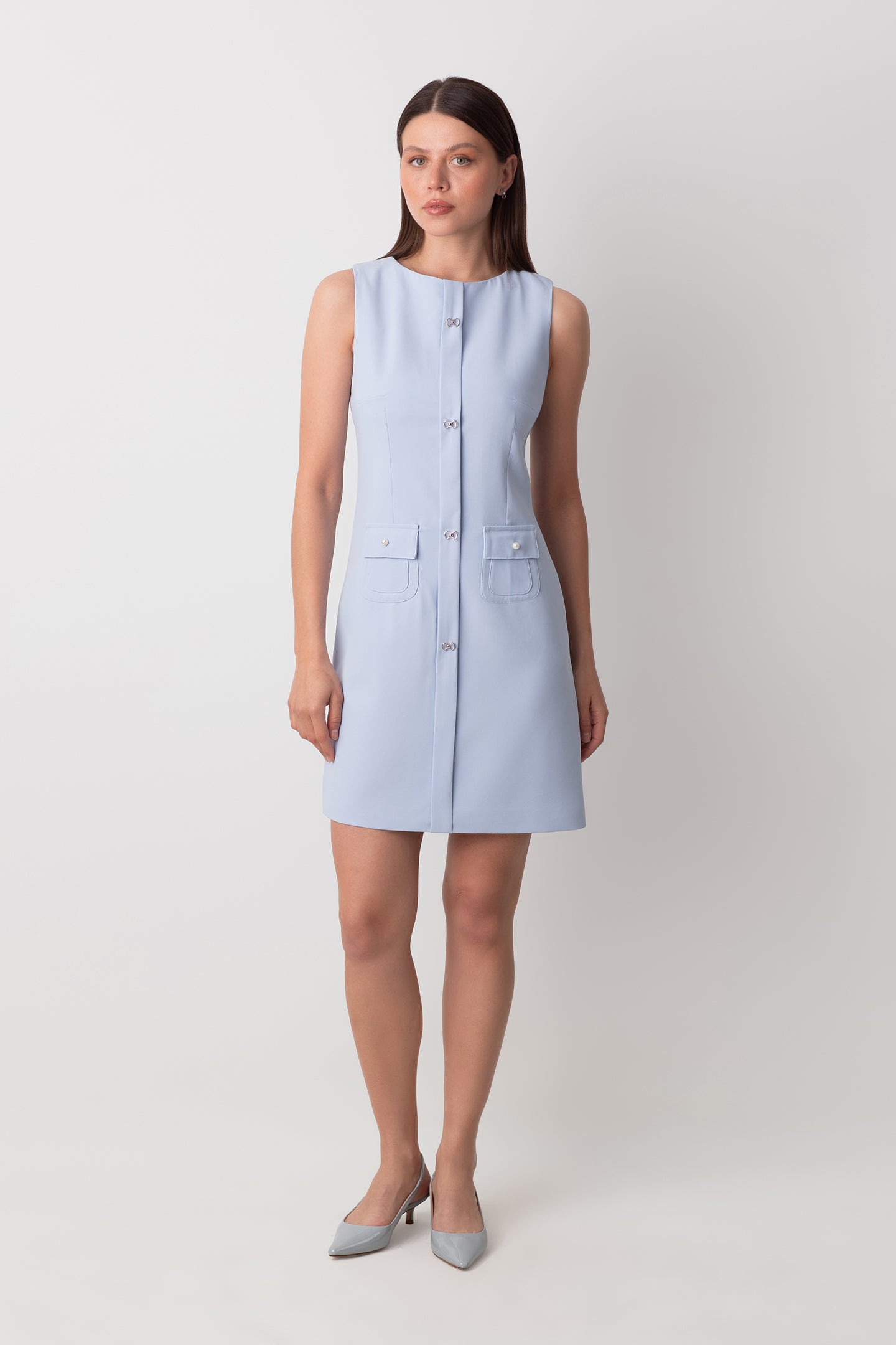 VENUS DÜĞMELİ İNCİ CEP DETAYLI KISA MAVİ ELBİSE