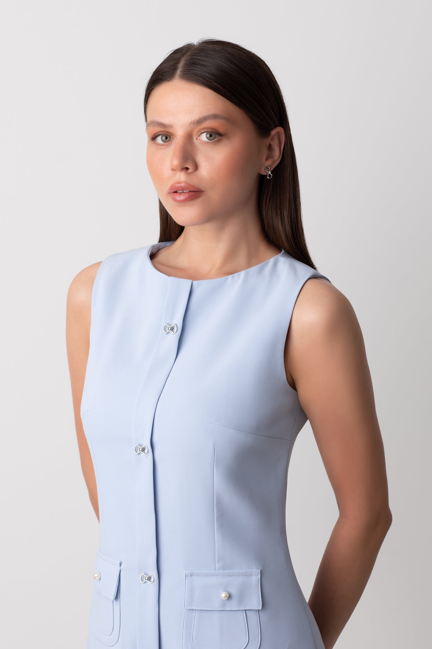 VENUS DÜĞMELİ İNCİ CEP DETAYLI KISA MAVİ ELBİSE