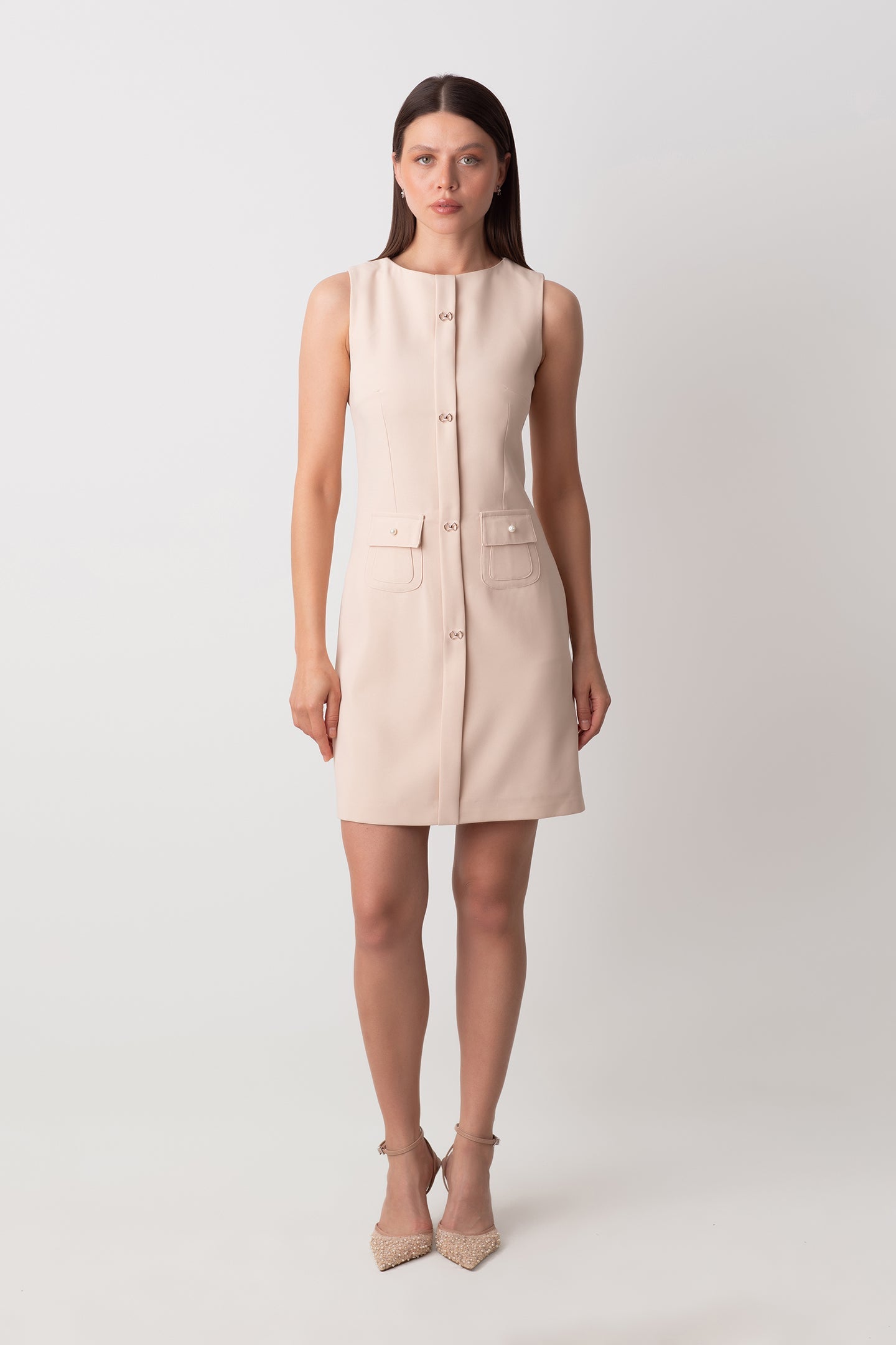 VENUS DÜĞMELİ İNCİ CEP DETAYLI KISA KREM ELBİSE