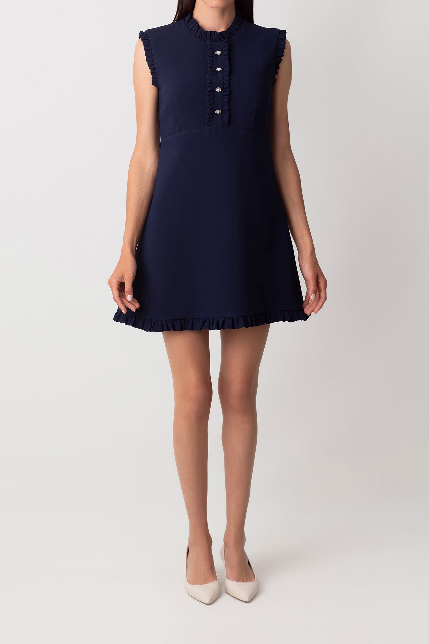 HAKİM YAKA FIRFIRLI LACİVERT ELBİSE